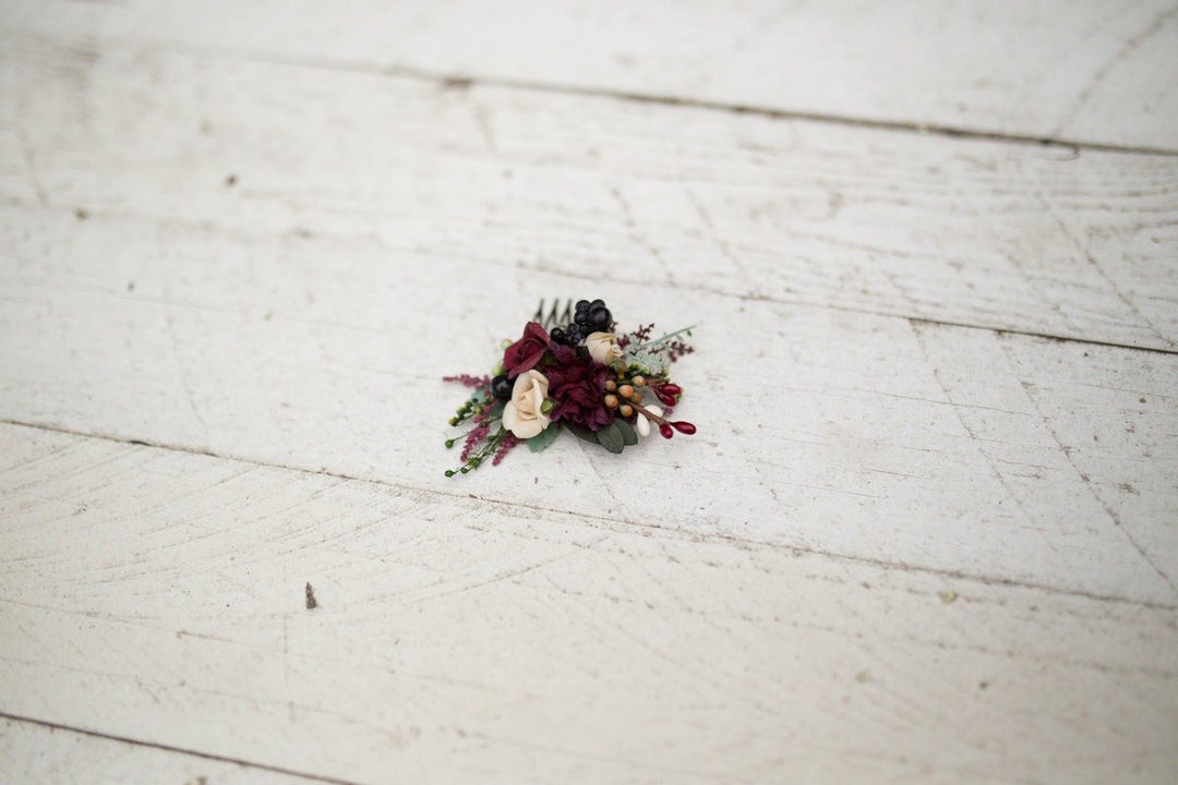 Burgundy Floral Mini Hair Comb: Woodland Wedding Accessory – handmade floral hair accessory by magaela