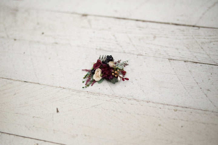 Burgundy Floral Mini Hair Comb: Woodland Wedding Accessory – handmade floral hair accessory by magaela