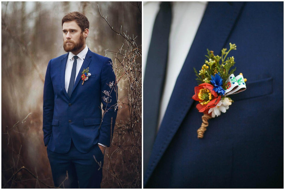 Folk Wedding Boutonniere: Handmade Textile Flower Groom Accessory – handmade floral hair accessory by magaela