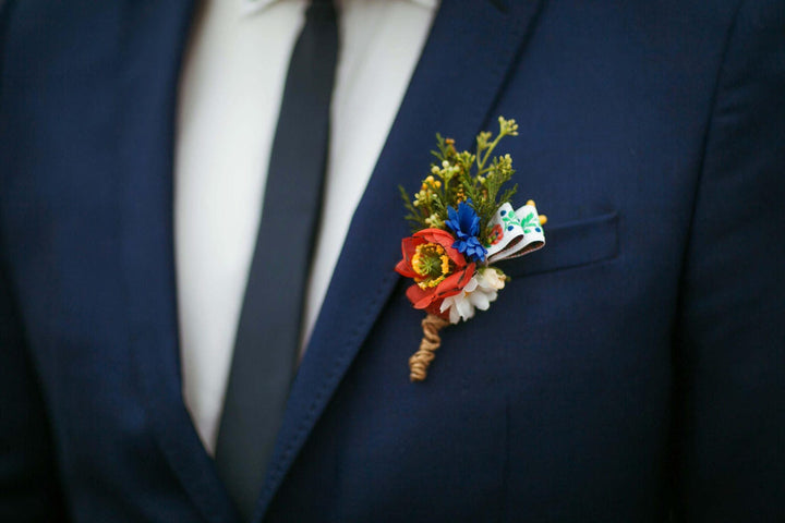Folk Wedding Boutonniere: Handmade Textile Flower Groom Accessory – handmade floral hair accessory by magaela