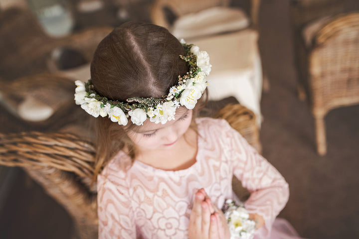 First Communion Floral Head Wreath with Veil: White Flower Crown – handmade floral hair accessory by magaela
