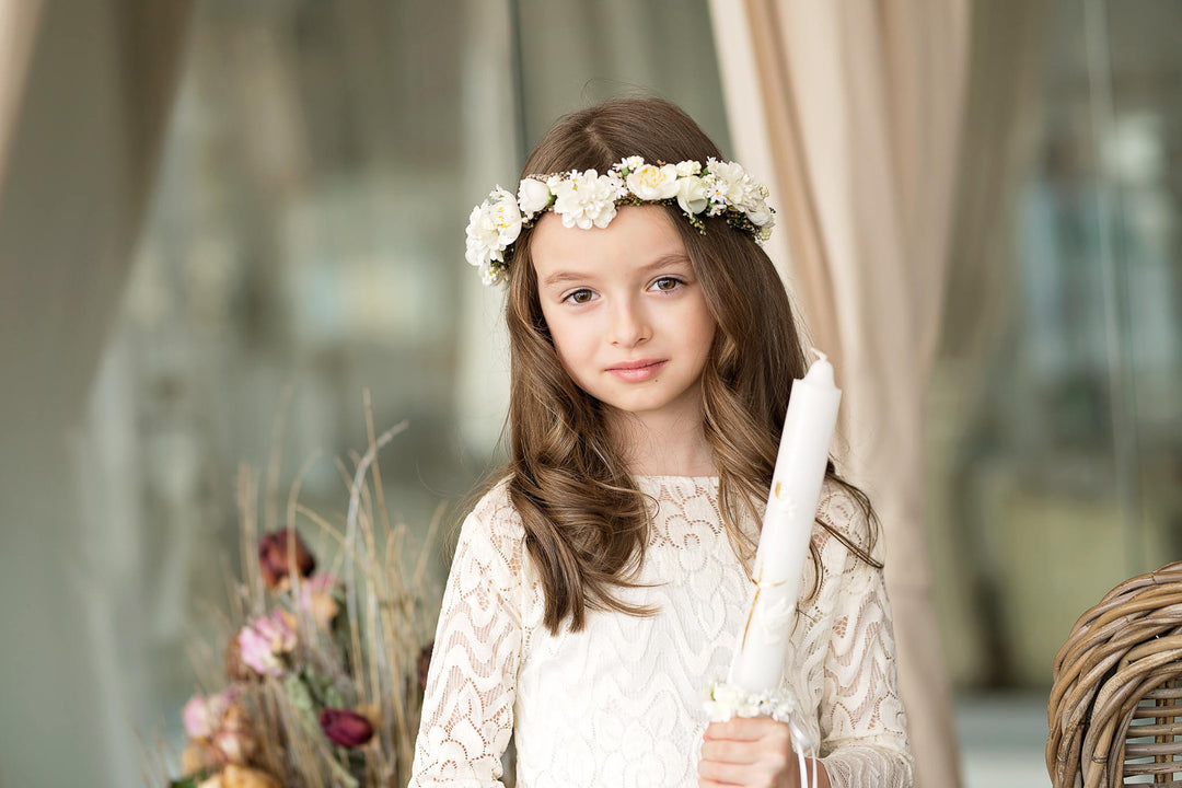 First Communion Floral Head Wreath with Veil: White Flower Crown – handmade floral hair accessory by magaela