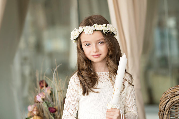 First Communion Floral Head Wreath with Veil: White Flower Crown – handmade floral hair accessory by magaela