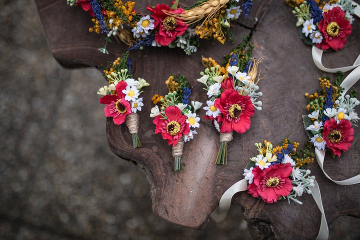 Poppy Wedding Set: Floral Wreath, Boutonnieres & Bridesmaid Bracelets – handmade floral hair accessory by magaela