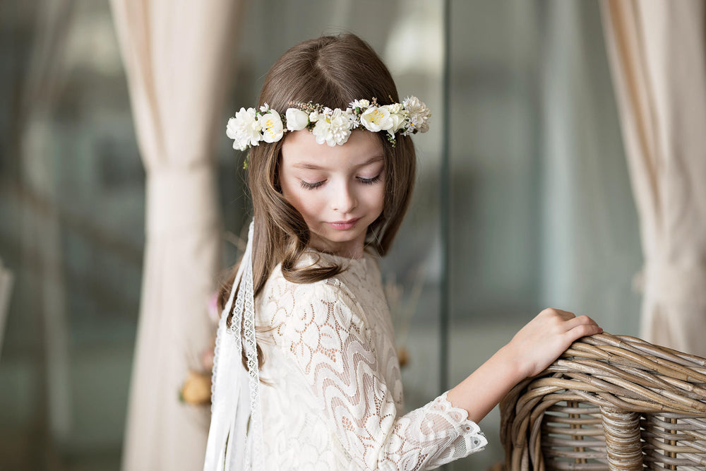 First Communion Floral Head Wreath with Veil: White Flower Crown – handmade floral hair accessory by magaela
