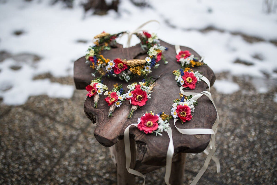 Poppy Wedding Set: Floral Wreath, Boutonnieres & Bridesmaid Bracelets – handmade floral hair accessory by magaela