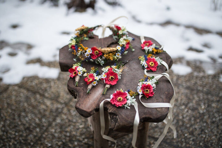 Poppy Wedding Set: Floral Wreath, Boutonnieres & Bridesmaid Bracelets – handmade floral hair accessory by magaela