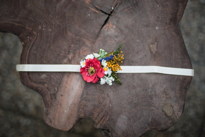Poppy Wedding Set: Floral Wreath, Boutonnieres & Bridesmaid Bracelets – handmade floral hair accessory by magaela