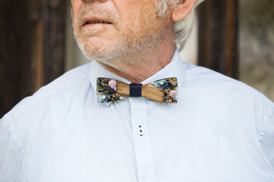 Floral Wooden Bow Tie: Resin Inlay, Men's Wedding Accessory – handmade floral hair accessory by magaela