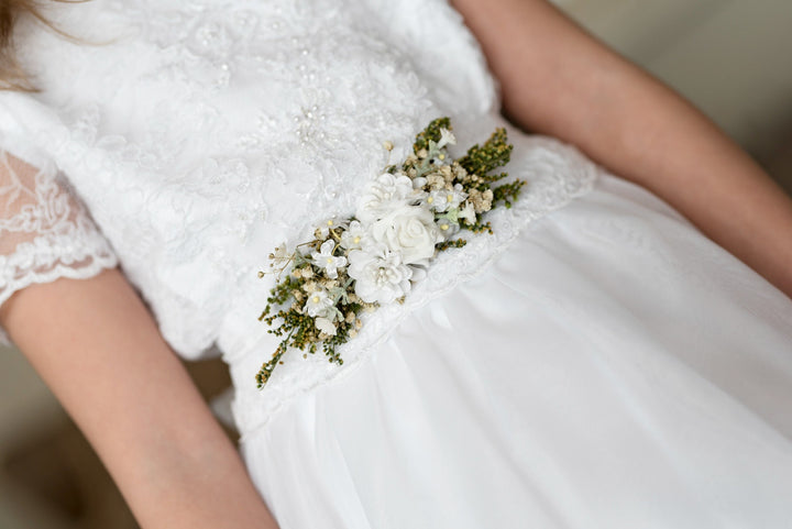 First Holy Communion Floral Belt: White Flower Girl Dress Sash – handmade floral hair accessory by magaela