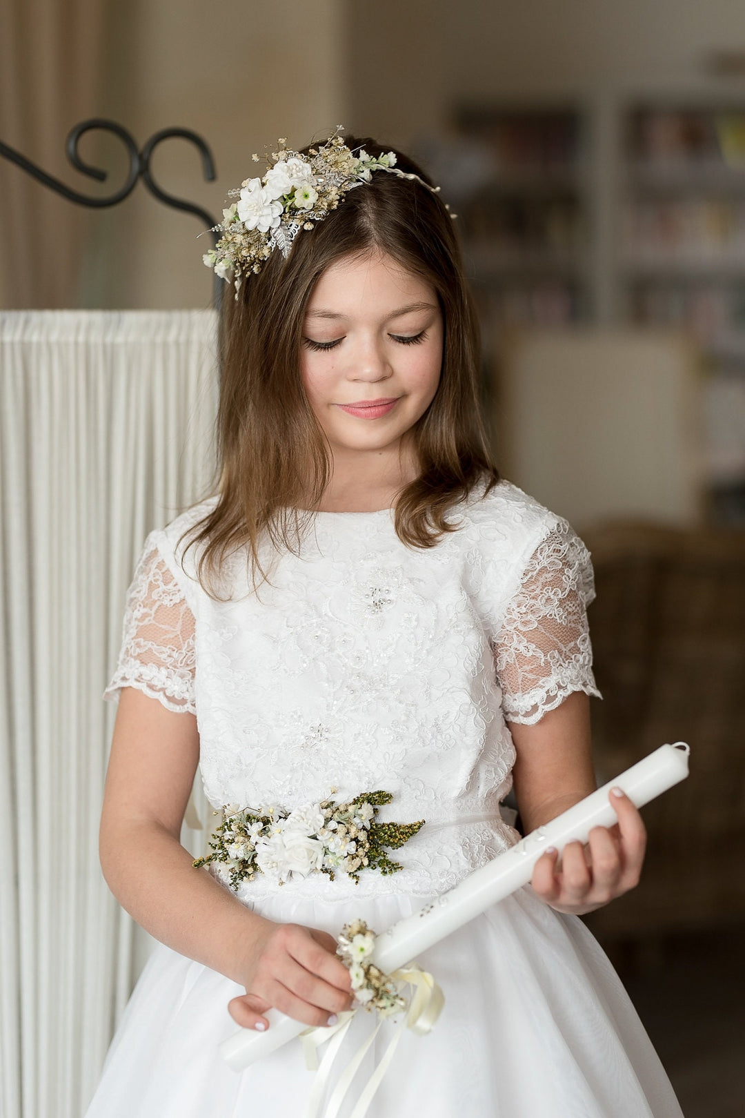 First Holy Communion Floral Belt: White Flower Girl Dress Sash – handmade floral hair accessory by magaela
