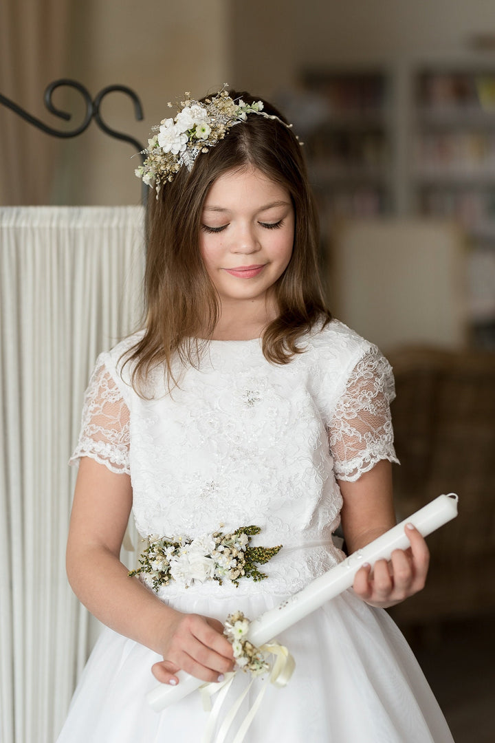 First Holy Communion Floral Belt: White Flower Girl Dress Sash – handmade floral hair accessory by magaela