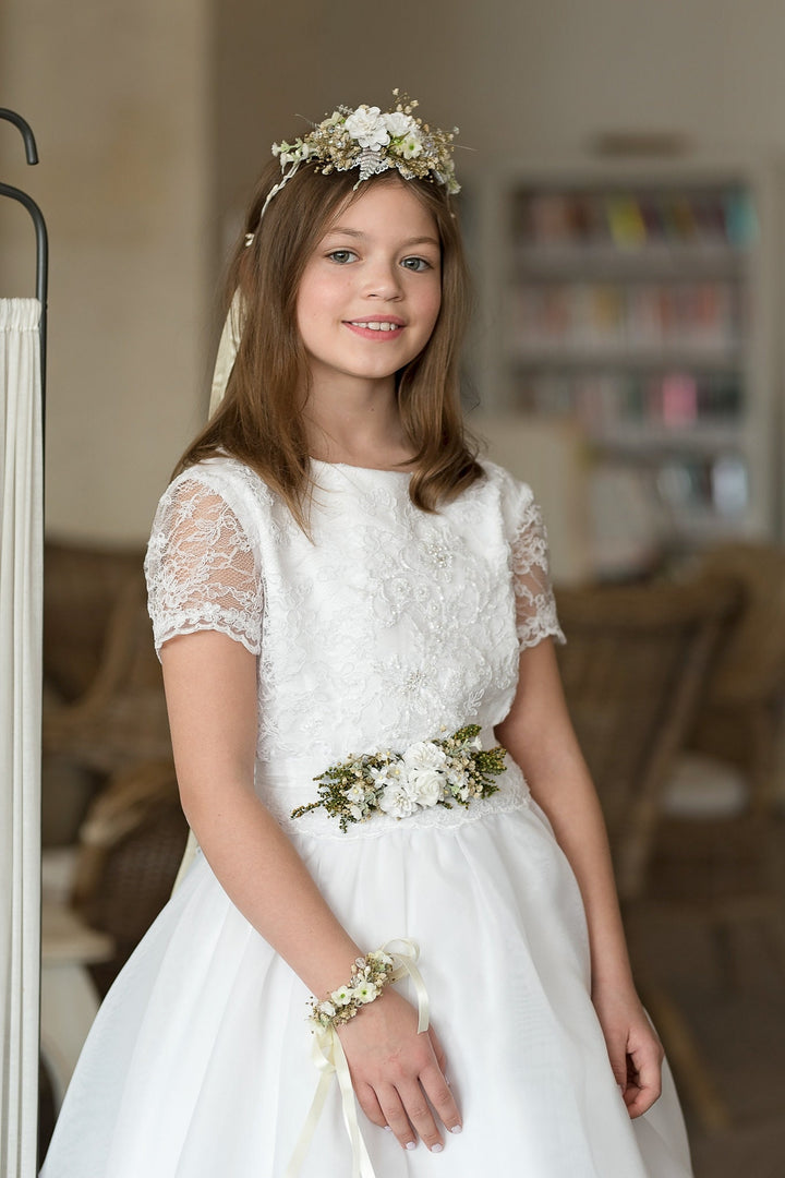 First Holy Communion Floral Belt: White Flower Girl Dress Sash – handmade floral hair accessory by magaela