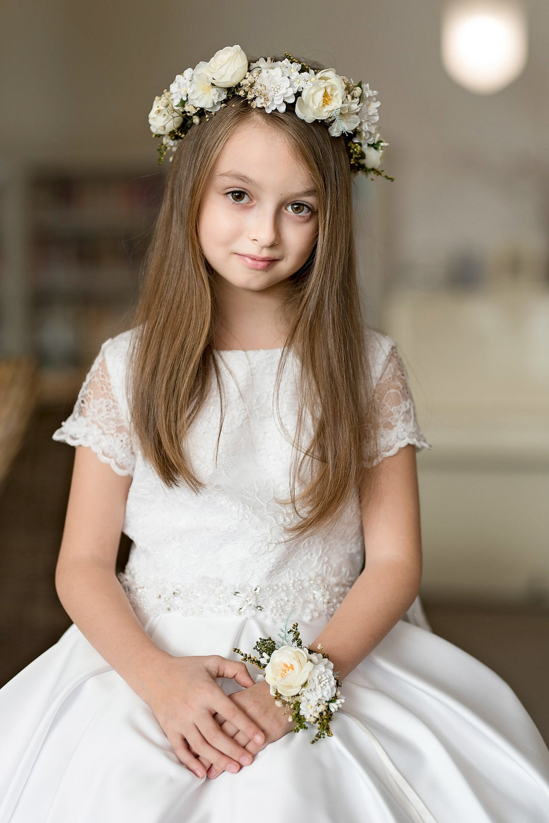 White Floral Hair Crown with Veil: First Communion Headpiece – handmade floral hair accessory by magaela