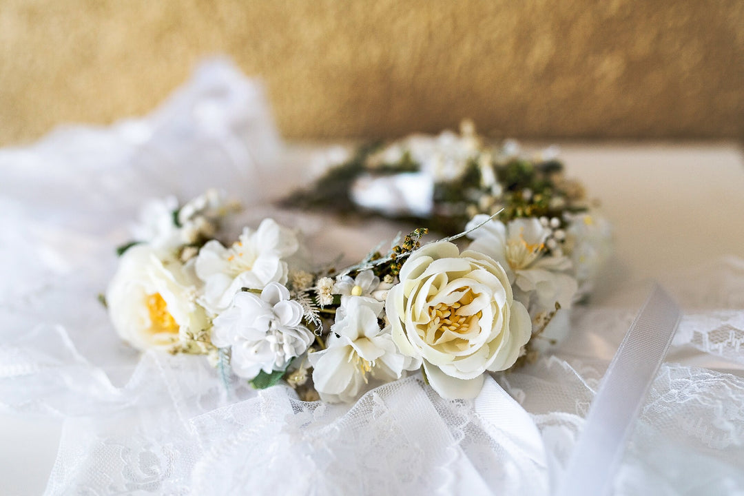 White Floral Hair Crown with Veil: First Communion Headpiece – handmade floral hair accessory by magaela