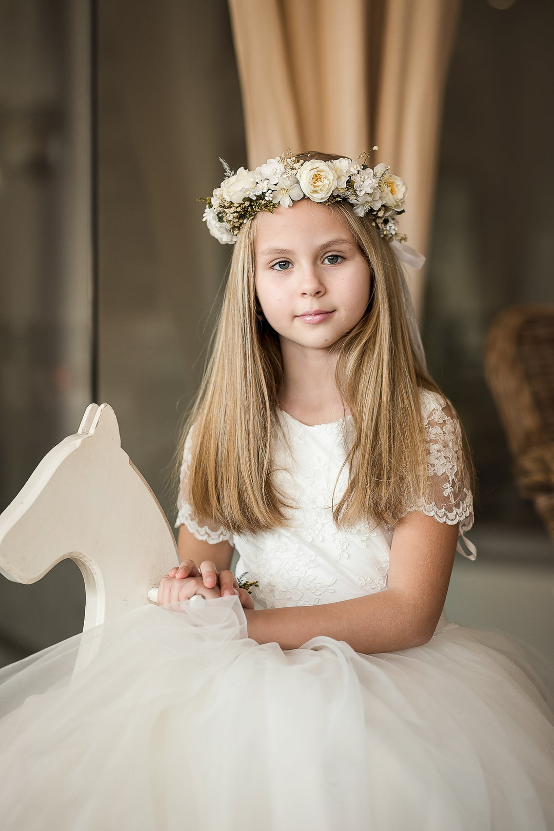 White Floral Hair Crown with Veil: First Communion Headpiece – handmade floral hair accessory by magaela