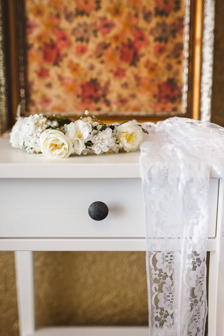 White Floral Hair Crown with Veil: First Communion Headpiece – handmade floral hair accessory by magaela