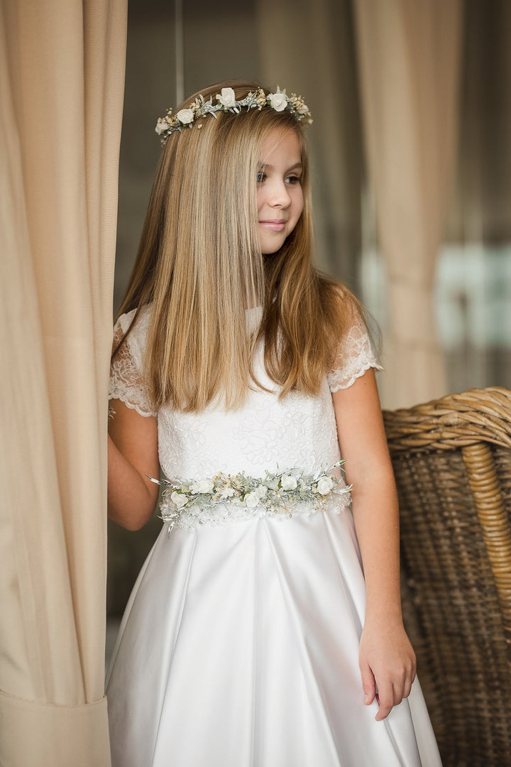 First Holy Communion Floral Belt: White Flower Girl Dress Sash – handmade floral hair accessory by magaela