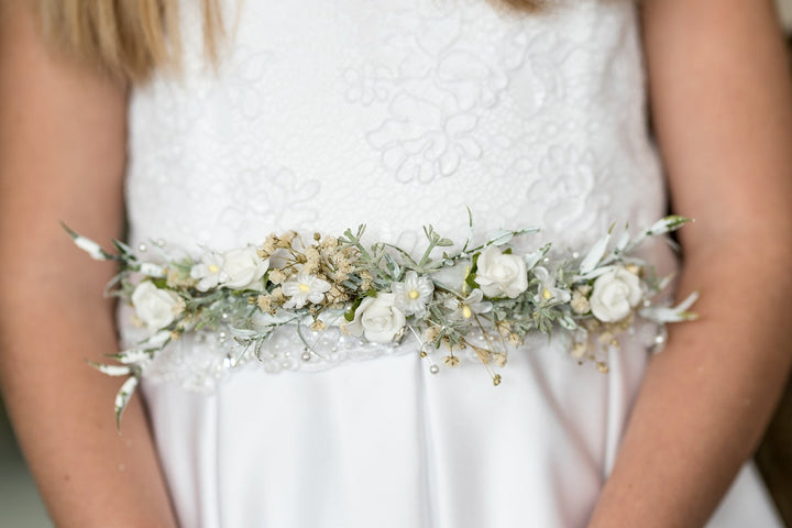 First Holy Communion Floral Belt: White Flower Girl Dress Sash – handmade floral hair accessory by magaela