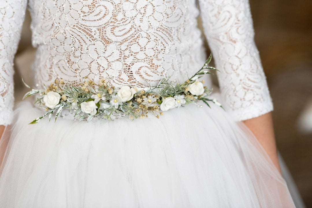 First Holy Communion Floral Belt: White Flower Girl Dress Sash – handmade floral hair accessory by magaela