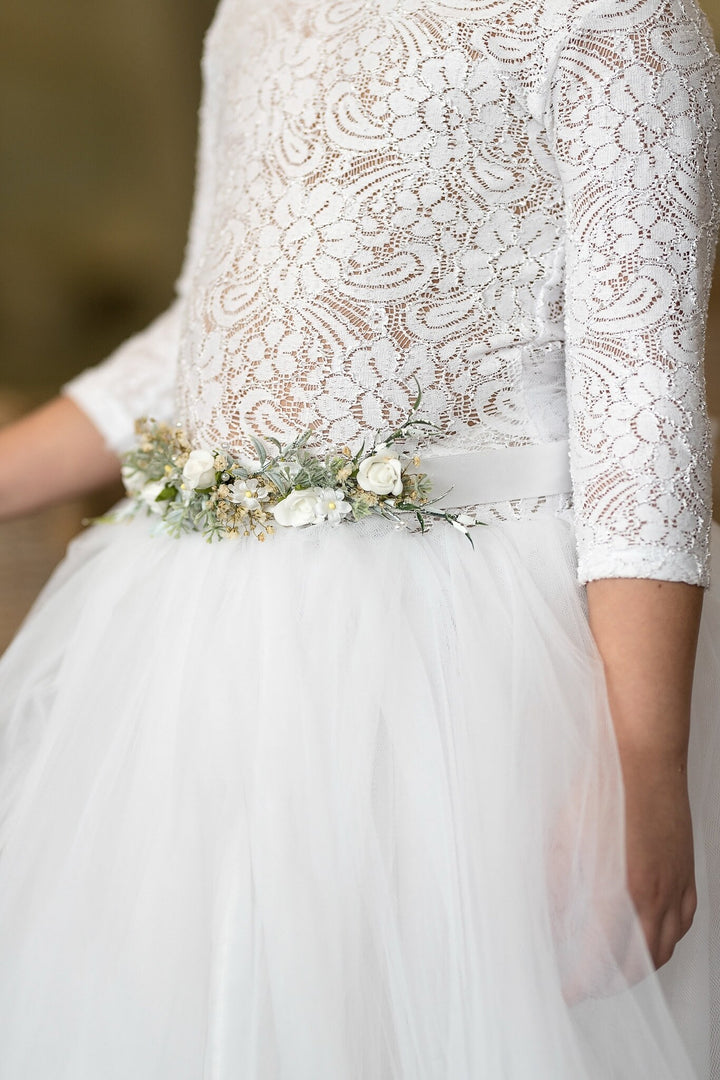 First Holy Communion Floral Belt: White Flower Girl Dress Sash – handmade floral hair accessory by magaela