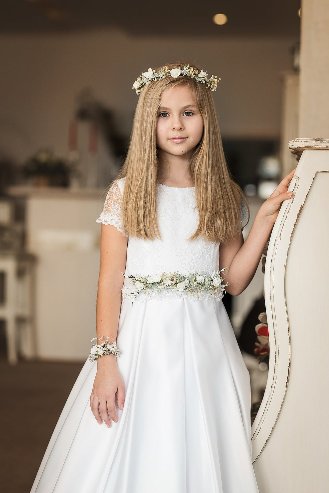 First Communion Bracelet: White Floral Pearl Corsage – handmade floral hair accessory by magaela