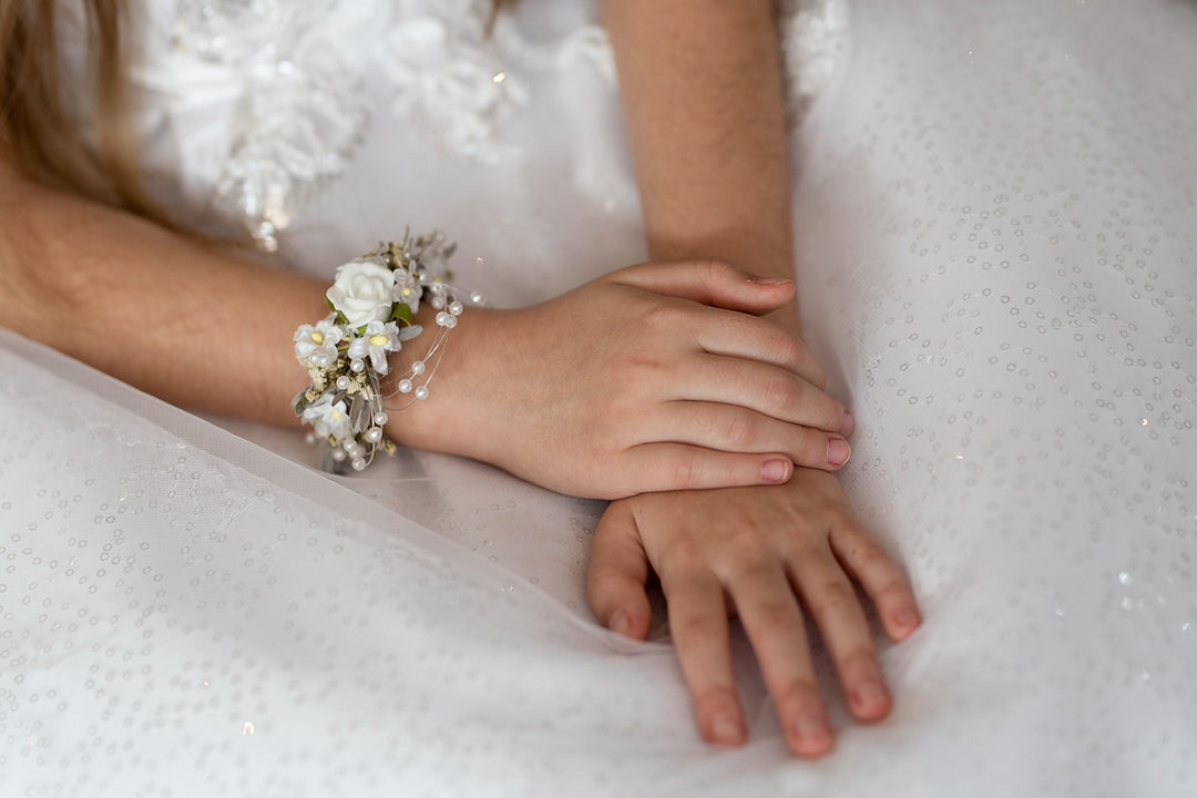 First Communion Bracelet: White Floral Pearl Corsage – handmade floral hair accessory by magaela
