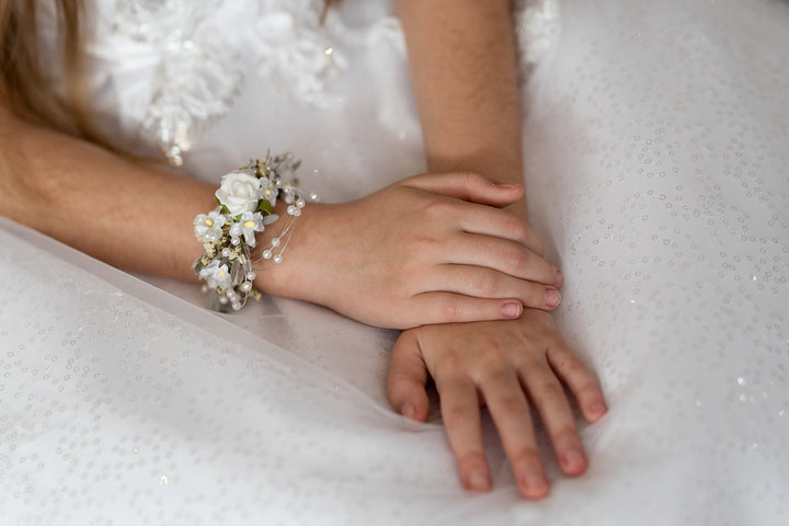 First Communion Bracelet: White Floral Pearl Corsage – handmade floral hair accessory by magaela