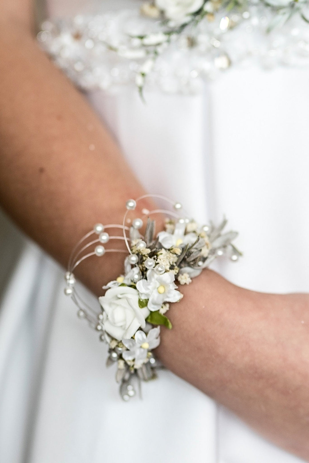 First Communion Bracelet: White Floral Pearl Corsage – handmade floral hair accessory by magaela