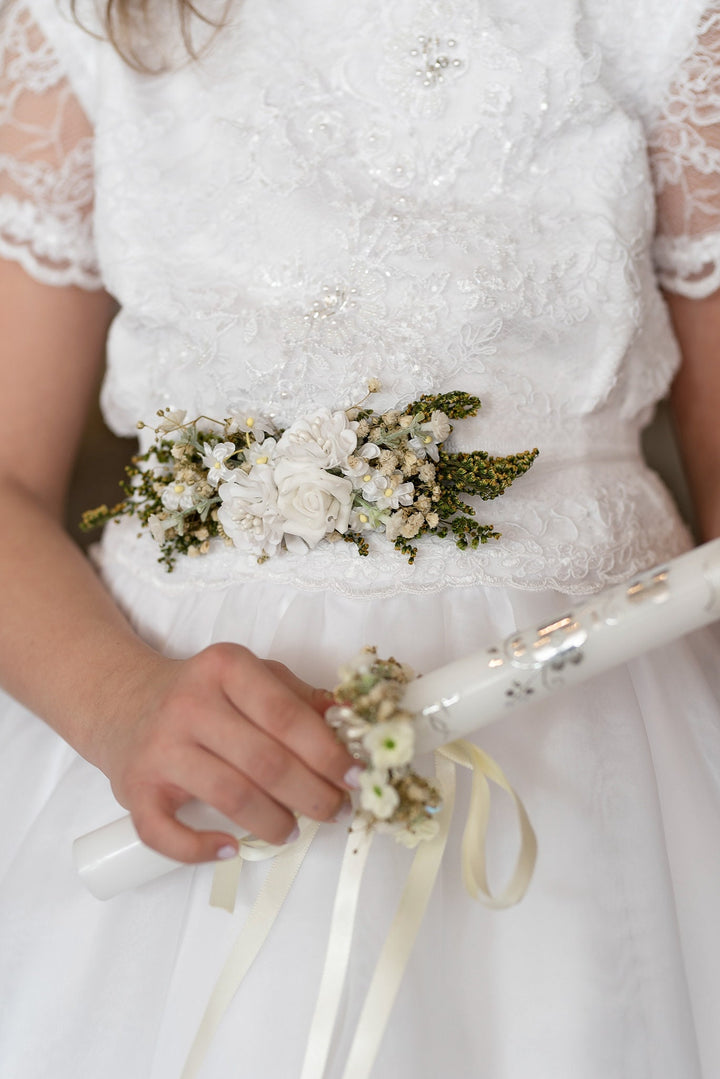 First Holy Communion Floral Belt: White Flower Girl Dress Sash – handmade floral hair accessory by magaela