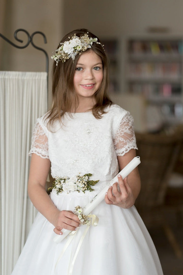 First Holy Communion Floral Belt: White Flower Girl Dress Sash – handmade floral hair accessory by magaela