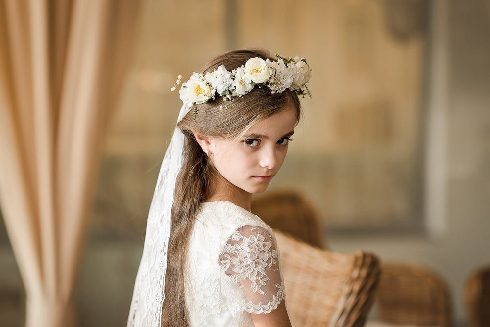 White Floral Hair Crown with Veil: First Communion Headpiece – handmade floral hair accessory by magaela
