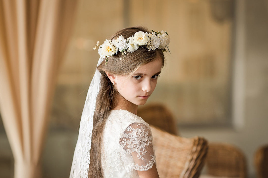 White Floral Hair Crown with Veil: First Communion Headpiece – handmade floral hair accessory by magaela