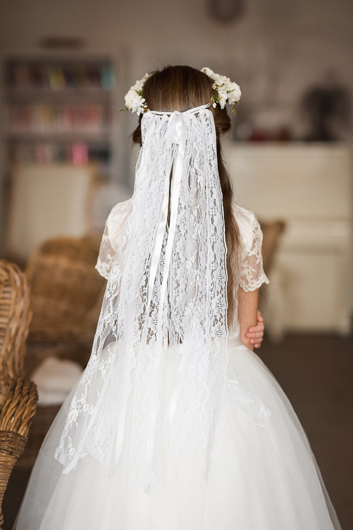 White Floral Hair Crown with Veil: First Communion Headpiece – handmade floral hair accessory by magaela