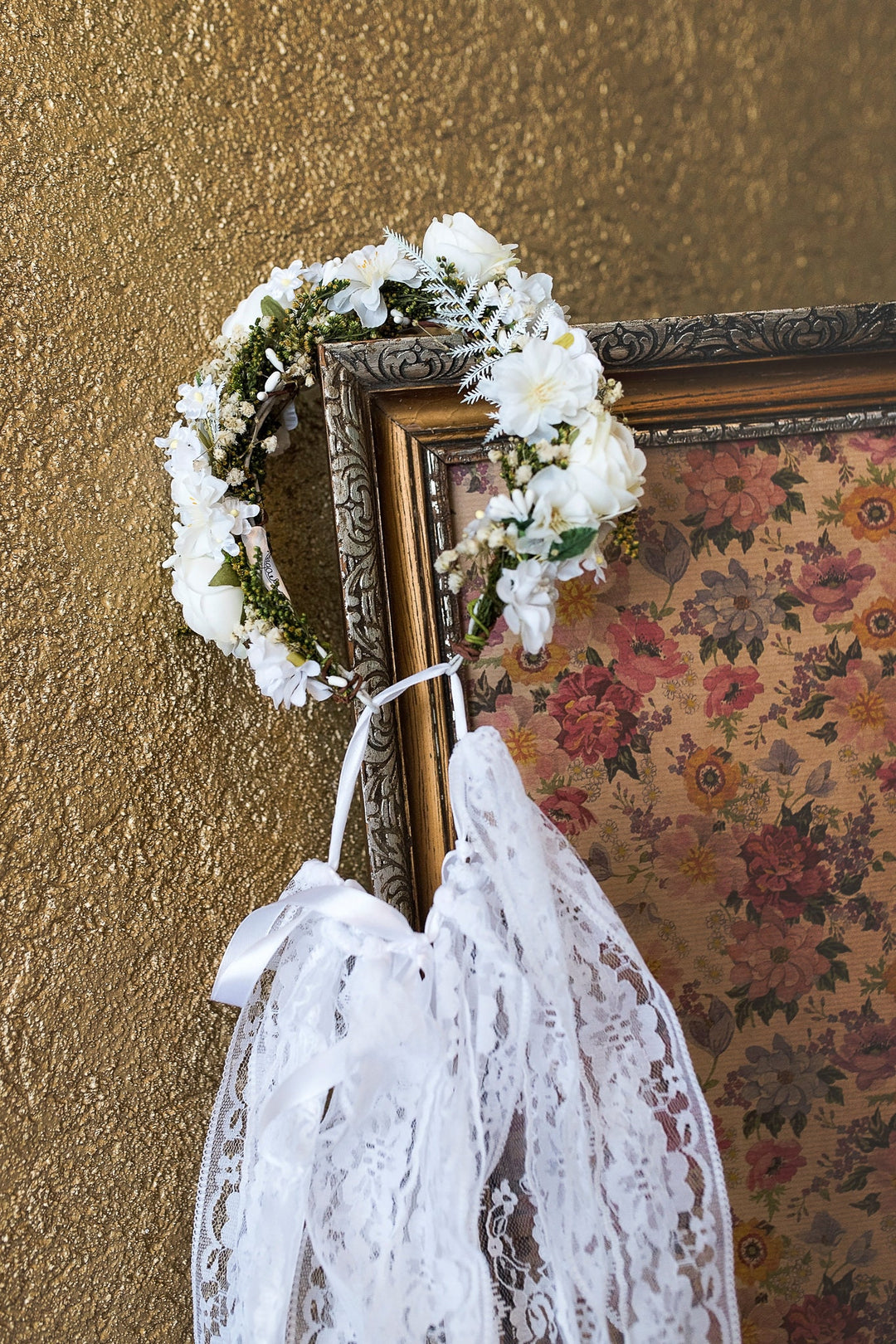 White Floral Hair Crown with Veil: First Communion Headpiece – handmade floral hair accessory by magaela