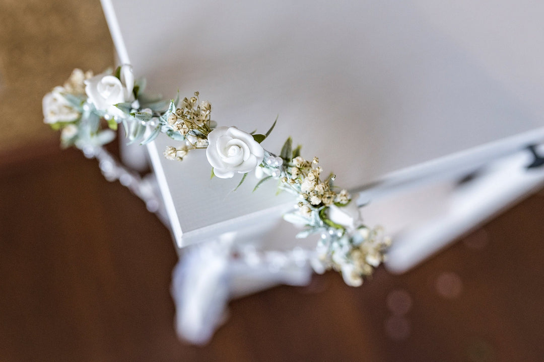 Floral Hair Crown: First Communion White Rose Wreath – handmade floral hair accessory by magaela