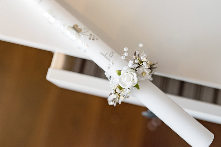 Floral Candle Decoration: First Holy Communion, Pearls, Handmade – handmade floral hair accessory by magaela