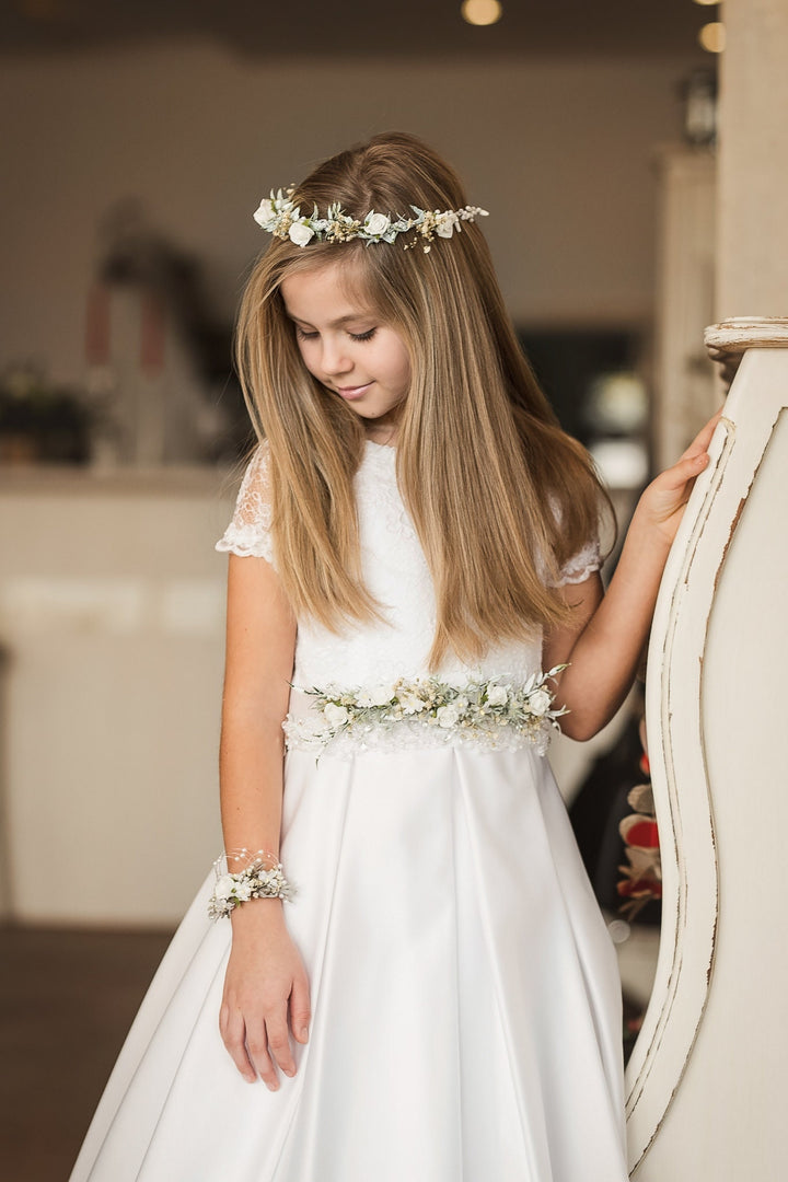 First Holy Communion Floral Belt: White Flower Girl Dress Sash – handmade floral hair accessory by magaela