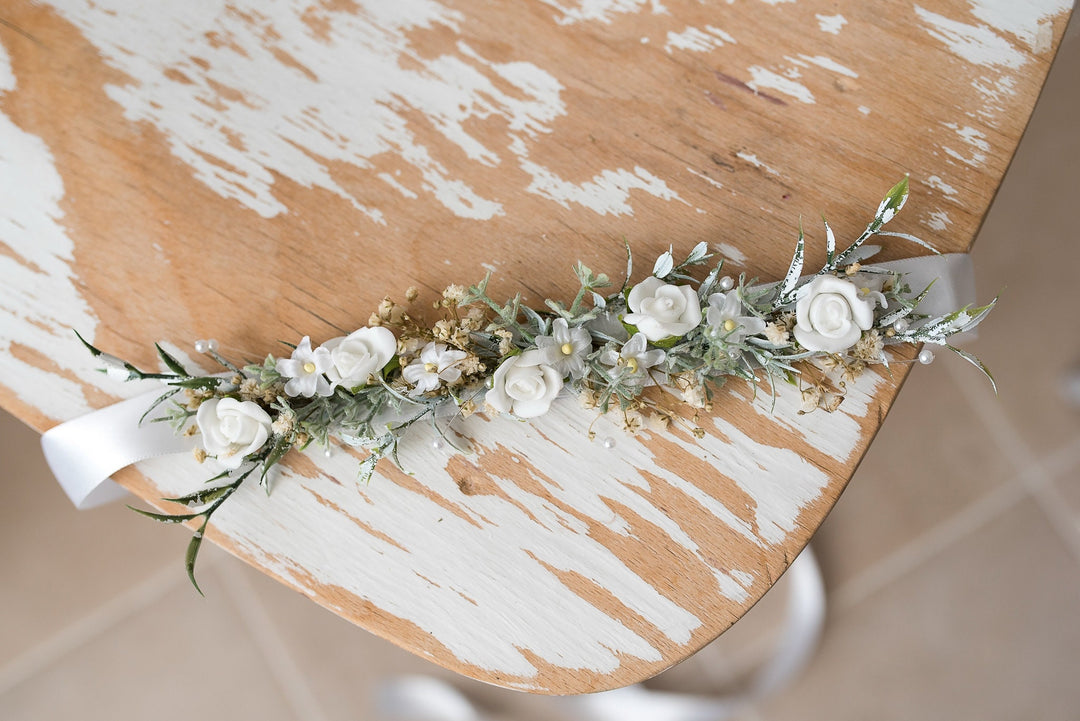 First Holy Communion Floral Belt: White Flower Girl Dress Sash – handmade floral hair accessory by magaela