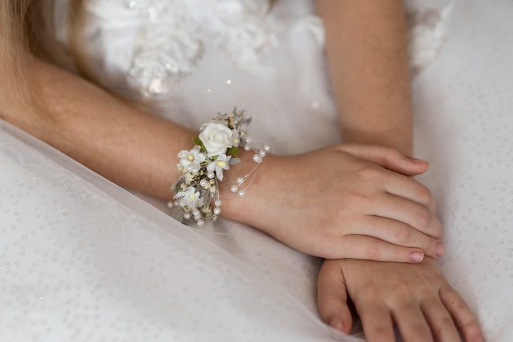 First Communion Bracelet: White Floral Pearl Corsage – handmade floral hair accessory by magaela