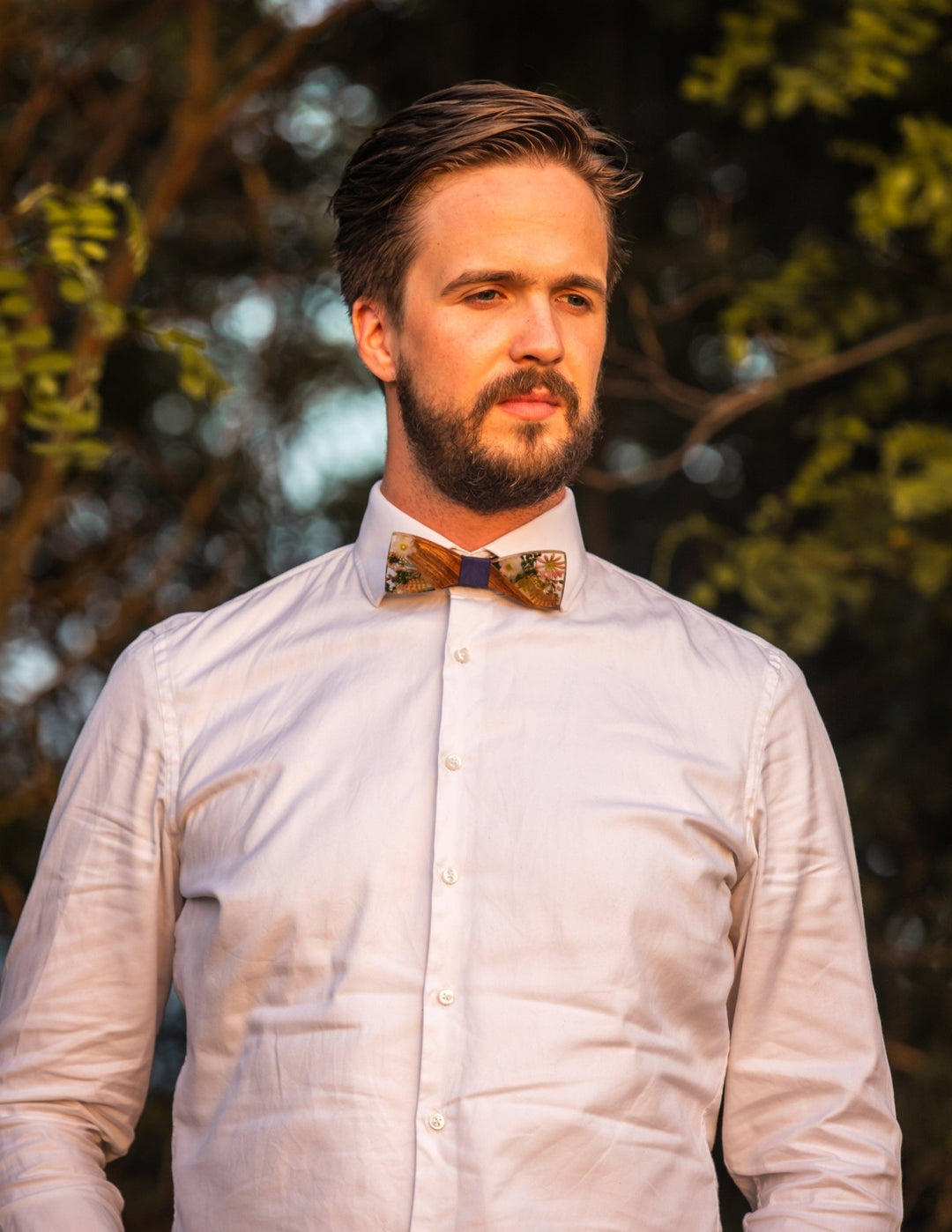 Floral Wooden Bow Tie with Blue Fastening - Men's Wedding Accessory – handmade floral hair accessory by magaela