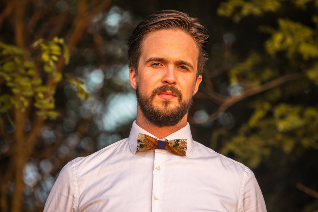 Floral Wooden Bow Tie with Blue Fastening - Men's Wedding Accessory – handmade floral hair accessory by magaela