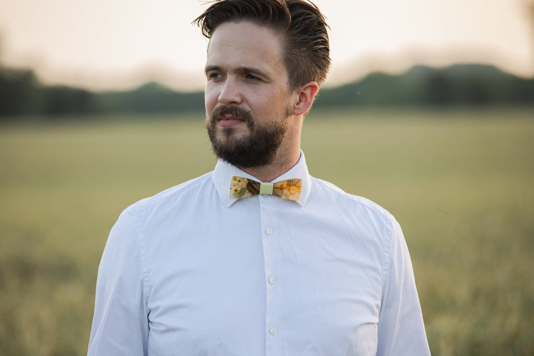 Floral Resin Wooden Bow Tie: Beige & Yellow Wedding Accessory – handmade floral hair accessory by magaela