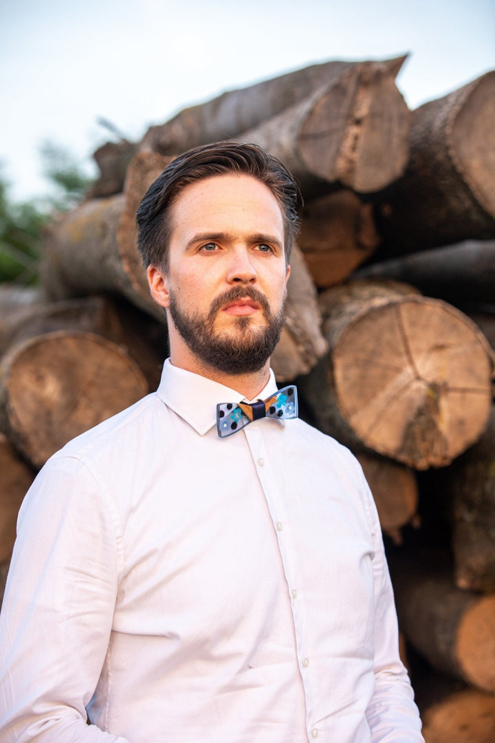 Blue Floral Resin Wooden Bow Tie: Men's Wedding Accessory – handmade floral hair accessory by magaela