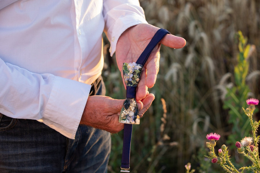 Navy Floral Resin Bow Tie: Wooden Wedding Necktie – handmade floral hair accessory by magaela