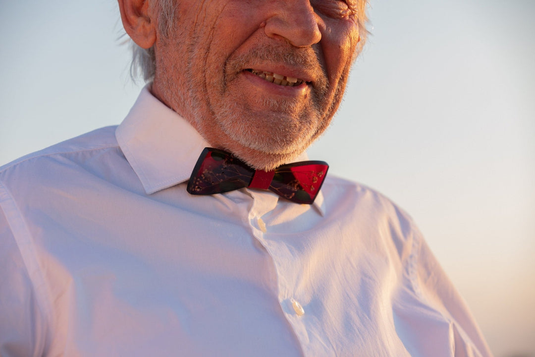 Burgundy Floral Wooden Bow Tie: Resin Wedding Necktie – handmade floral hair accessory by magaela