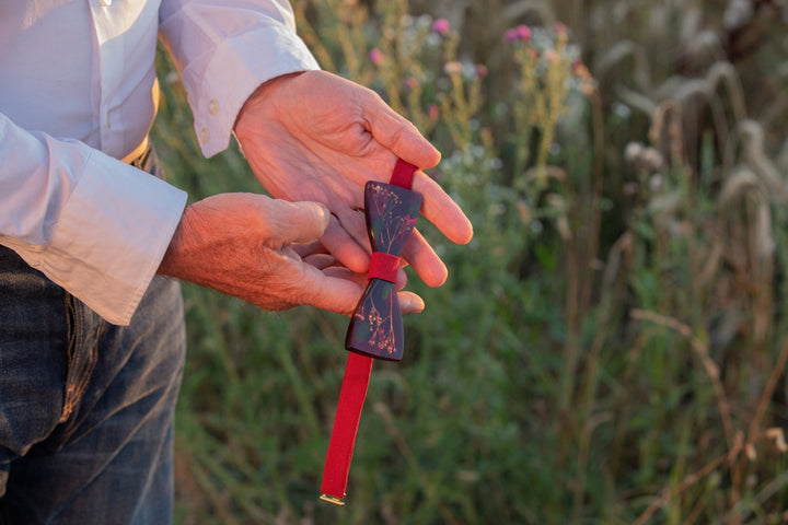 Burgundy Floral Wooden Bow Tie: Resin Wedding Necktie – handmade floral hair accessory by magaela