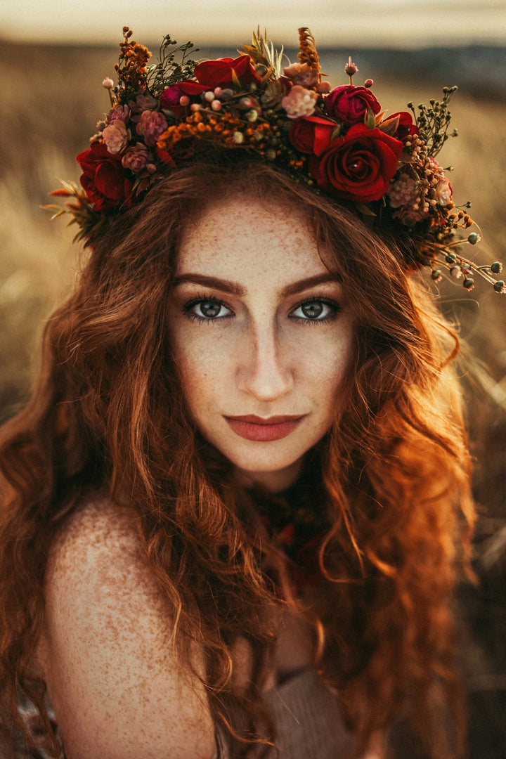 Red Burgundy Wedding Half Wreath: Boho Bridal Flower Crown – handmade floral hair accessory by magaela