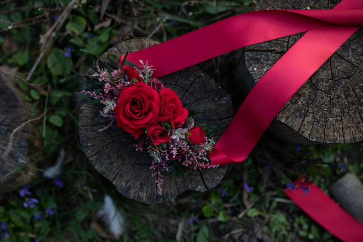 Red Rose Wedding Belt: Bridal Flower Sash, Burgundy Ribbon – handmade floral hair accessory by magaela