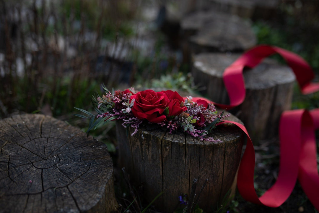 Red Rose Wedding Belt: Bridal Flower Sash, Burgundy Ribbon – handmade floral hair accessory by magaela